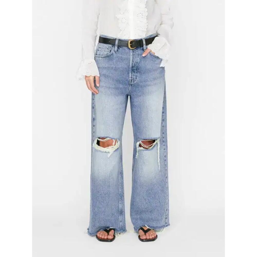 FRAME Le Low Baggy Wide Leg Distressed Denim Jeans River Medium Wash Blue 24